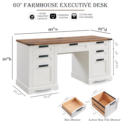Rustic White Farmhouse Desk with StorageDrawers Home Office