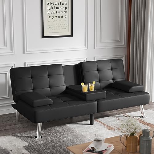 Modern Black Futon Sofa Bed with Cup Holders for Living Room