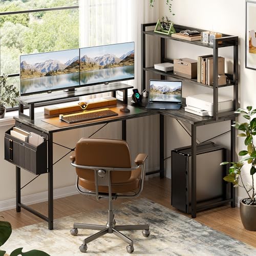L-Shaped Desk with Bookshelf & Charging Station, 47 Inch, Black Oak
