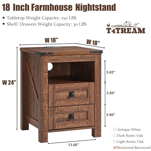 Rustic Wood Nightstand with Charging Station & 2 Drawers